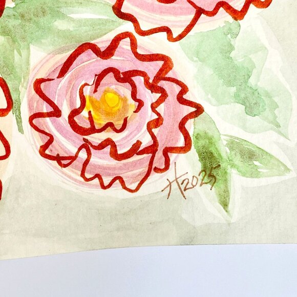 Bouquet Original Watercolor and Ink Painting White Mat 8x8in Frame Ready Art - Picture 4 of 5